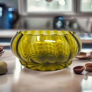 Vintage Empoli Italian Art Glass Green Optic Ribbed Bowl Uniquely Beautiful